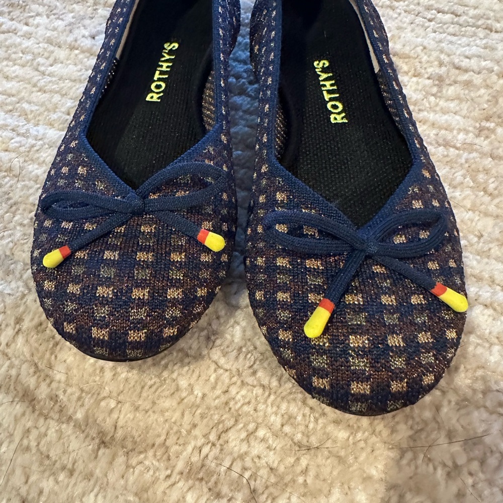 Rothy’s The Flat Ballet 6.5 Navy Metallic Checkered Knit Round Toe Bow Shoes - Picture 3 of 5